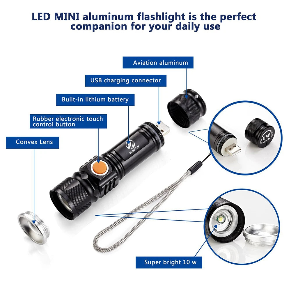 LED Flashlight USB Charging waterproof Torch Portable light